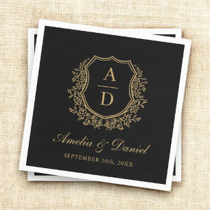 Black Gold Crest Elegant Monogram Wedding  Napkin