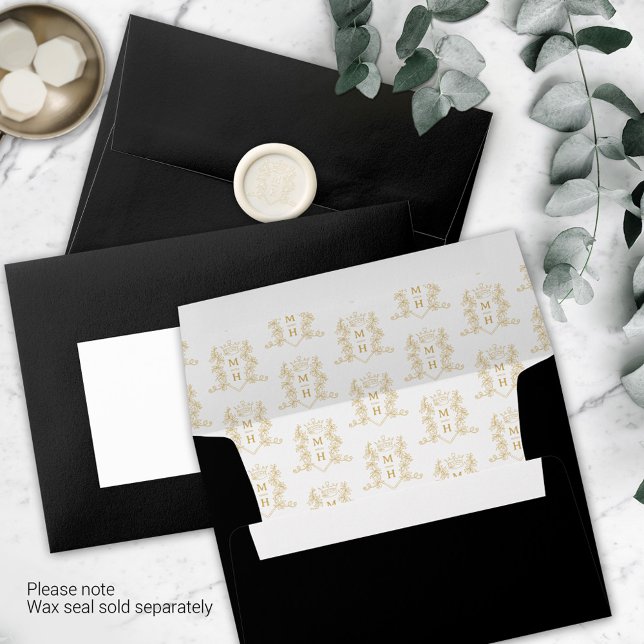 Black gold crest heart crown monogram wedding envelope (Creator Uploaded)
