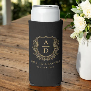 Black Gold Crest Modern Monogram Wedding  Seltzer Can Cooler