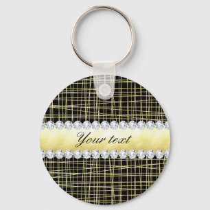 Black Gold Criss Cross Lines and Diamonds Key Ring