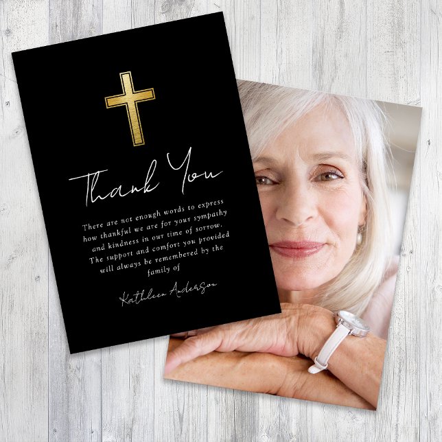 Black Gold Cross Photo Sympathy Funeral  Thank You Card (Creator Uploaded)