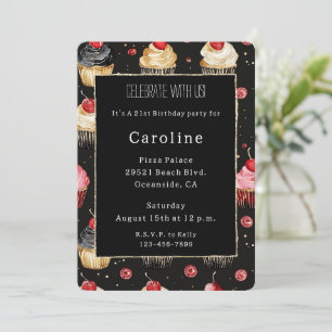 Black Gold Cupcakes Cherry On Top Birthday Invitation