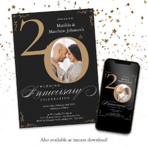 Black Gold Custom 20th Wedding Anniversary Invitation