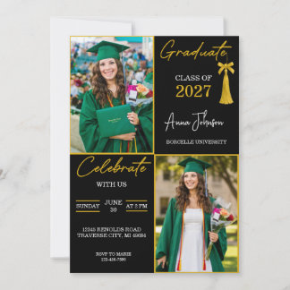 Black & Gold Custom 2 Photo Graduation Party  Invitation