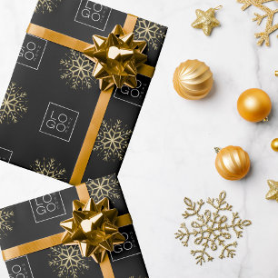 Black & Gold Custom Business Logo Snowflake Gift   Wrapping Paper