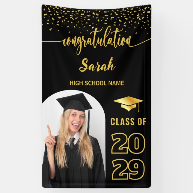 Black & Gold Custom Graduation Backdrop with Photo Banner (Vertical)