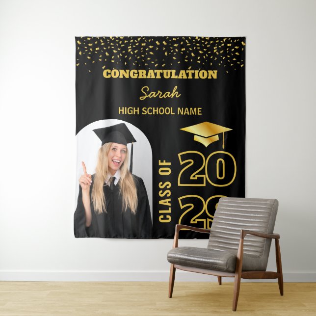 Black & Gold Custom Graduation Backdrop with Photo Tapestry (In Situ)
