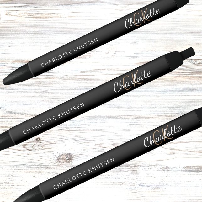 Black gold custom monogram name script black ink pen (Creator Uploaded)