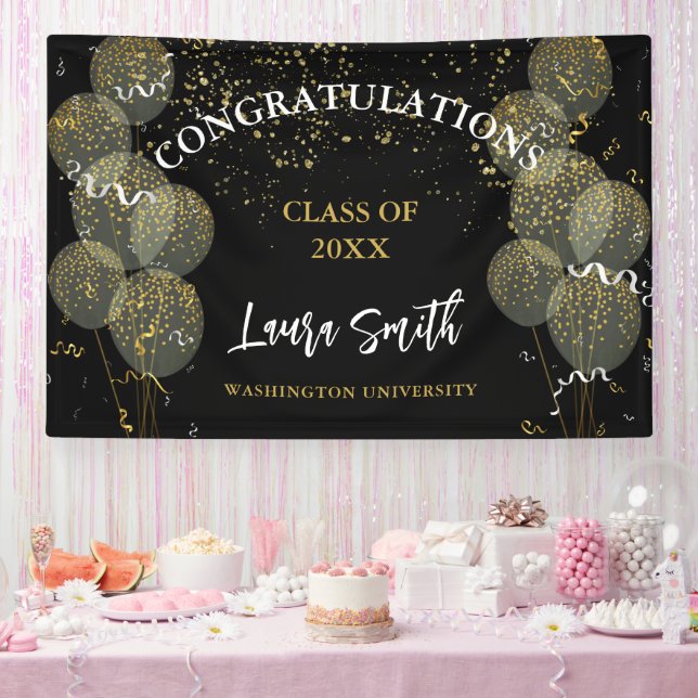 Black & Gold Custom Party Personalised Graduation Banner (Party)