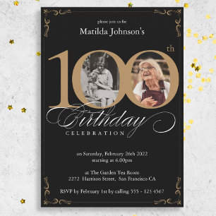Black Gold Custom Photo 100th Birthday Party  Invitation