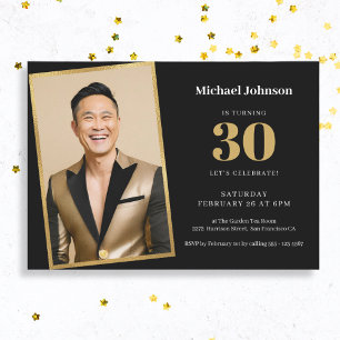 Black Gold Custom Photo Simple 30th Birthday Party Invitation