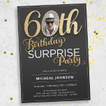 Black Gold Custom Photo Surprise 60th Birthday Invitation<br><div class="desc">Black Gold Custom Photo Surprise 60th Birthday Invitation. This invitation features a sleek design with clear, easy-to-read text, ensuring that all the important details are conveyed effortlessly. The addition of faux foil accents in dazzling gold against a backdrop of black creates a striking visual effect, adding a touch of luxury...</div>