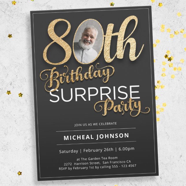 Black Gold Custom Photo Surprise 80th Birthday Invitation (Mockup View)