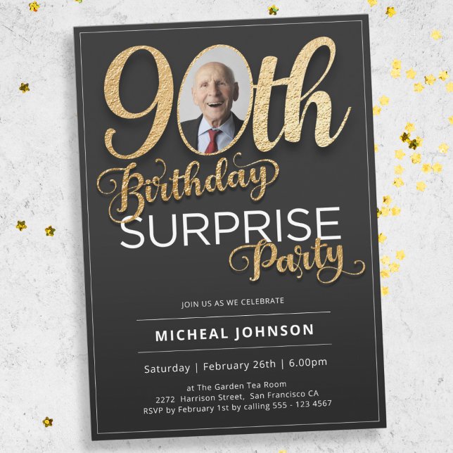 Black Gold Custom Photo Surprise 90th Birthday Invitation (Mockup View)