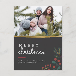 Black & Gold Cute Merry Christmas Family Photo Postcard