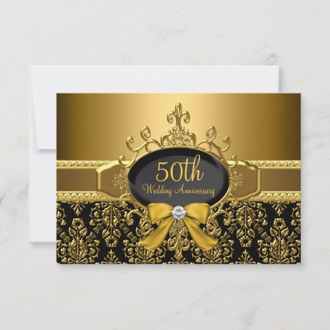 Black & Gold Damask 50th Anniversary RSVP Card (Front)