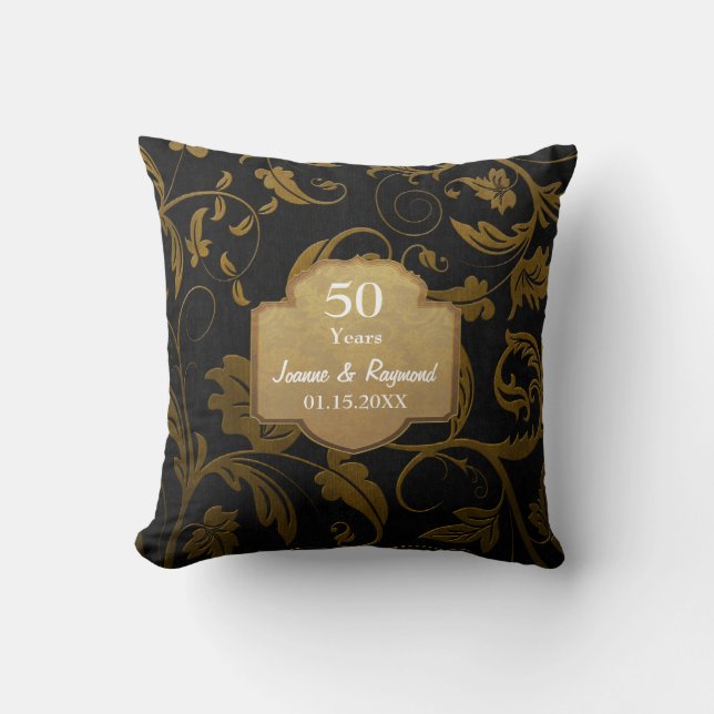 Black & Gold Damask 50th Wedding Anniversary 2c Cushion (Front)
