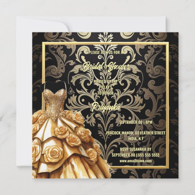 Black gold damask ballgown rose flowers bridal holiday card (Front)
