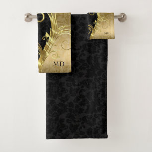 Black & Gold Damask Bath Towel Set