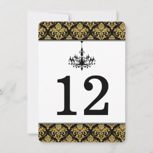 Black, Gold Damask, Chandelier Table Number Card