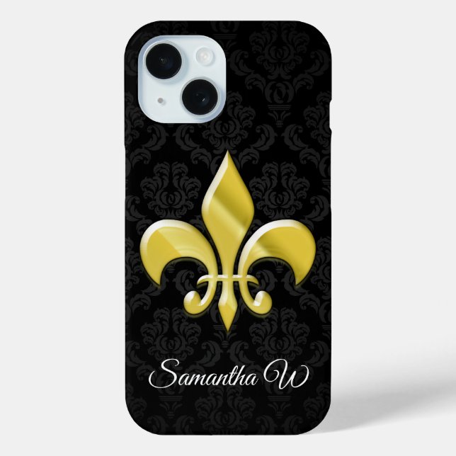 Black/Gold Damask Fleur de Lis Case-Mate iPhone Case (Back)