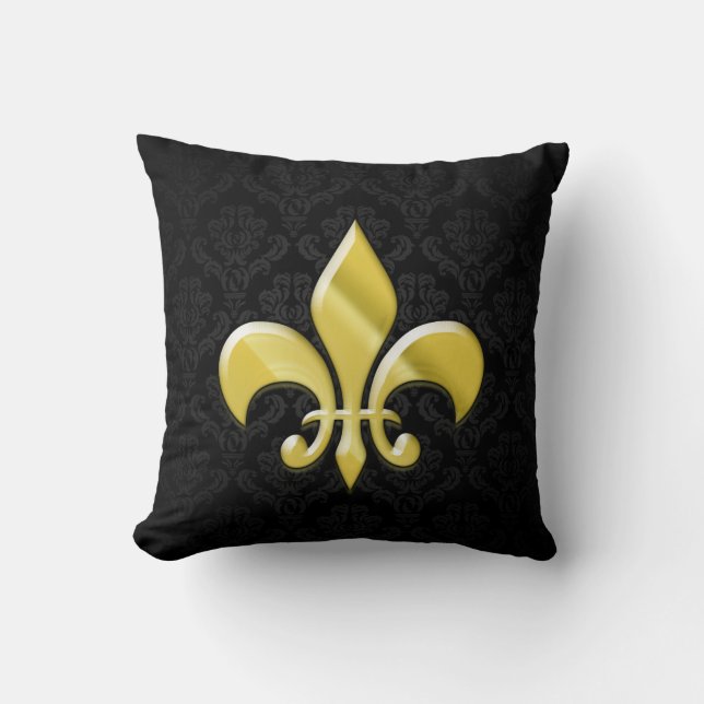 Black/Gold Damask Fleur de Lis Cushion (Front)