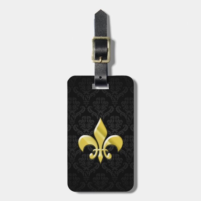 Black/Gold Damask Fleur de Lis Luggage Tag (Front Vertical)