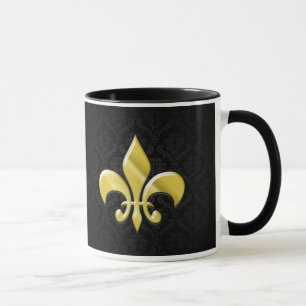 Black/Gold Damask Fleur de Lis Mug