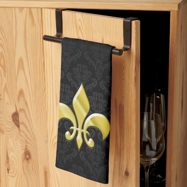 Black/Gold Damask Fleur de Lis Tea Towel (Thirds Fold)