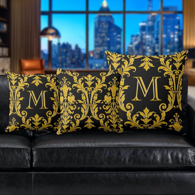 Black & Gold Damask Floral Swirls Monogram Cushion (Creator Uploaded)