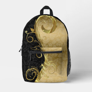 Black Gold Damask Gold Swirls Printed Backpack