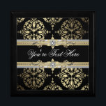 Black Gold Damask Keepsake Gift Box<br><div class="desc">Elegant black and gold damask jewellery box. Add your own text to personalise. This is a printded designw ith no real foinl,  jewels,  etc.</div>