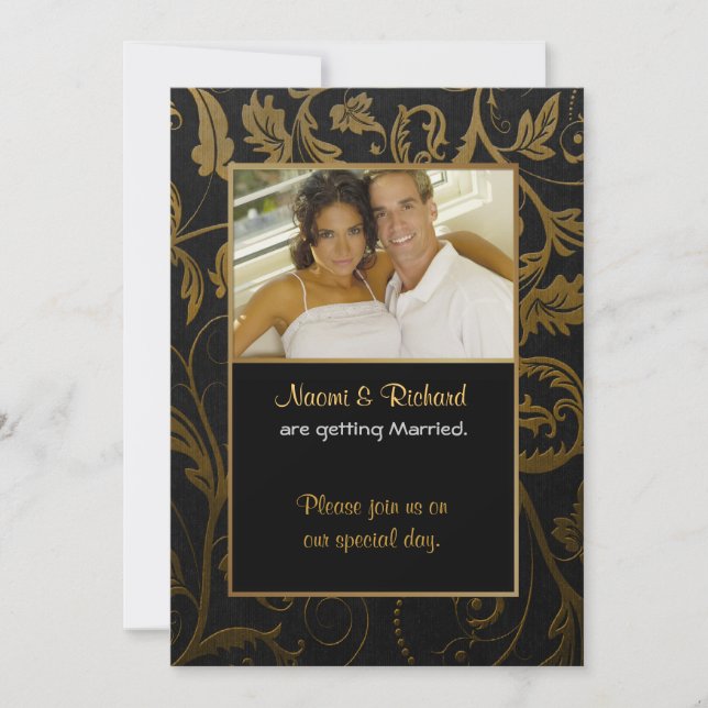 Black & Gold Damask Photo Invitation (Front)