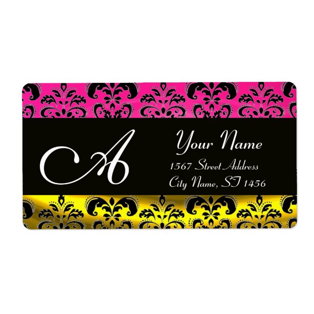 BLACK GOLD DAMASK ,PINK FUCHSIA  AMETHYST MONOGRAM (Front)