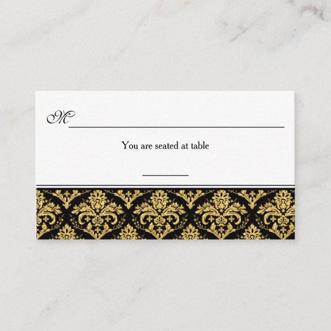 Black, Gold Damask Reception Place Card (Front)