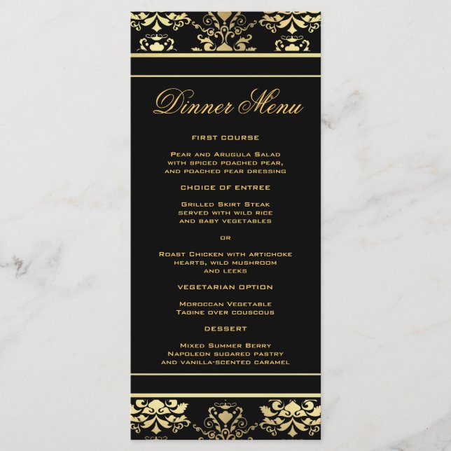 Black & Gold Damask Slim Dinner Menu (Front)