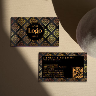 Black & Gold Damask Striped Custom Logo QR Code Business Card