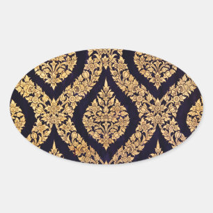 Black & Gold Damask Traditional Contemporary Print Oval Sticker