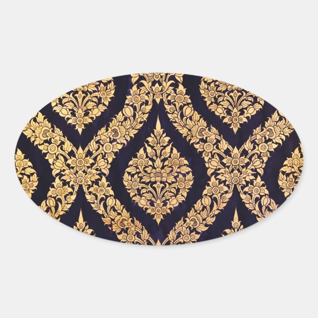 Black & Gold Damask Traditional Contemporary Print Oval Sticker (Front)