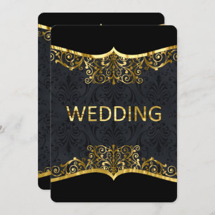 Black Gold Damask Wedding Elegant Invitation Front