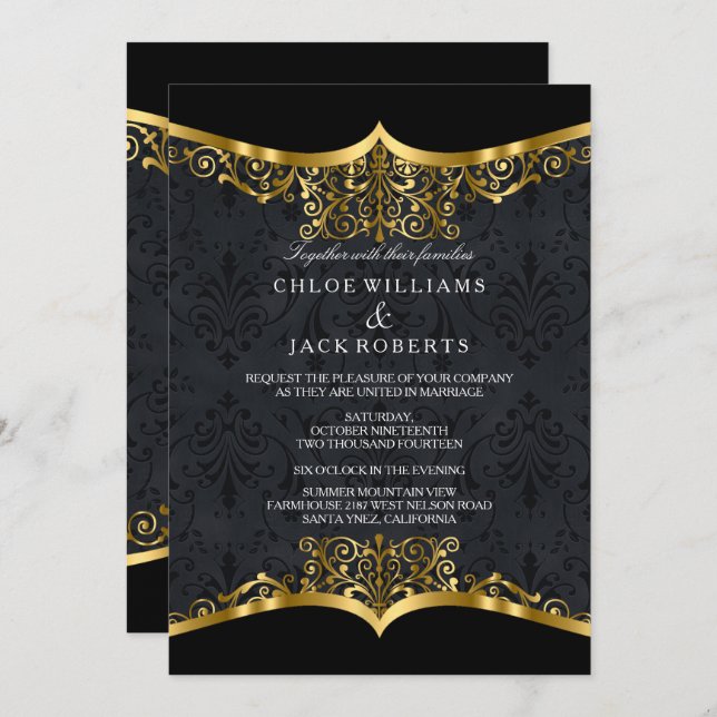 Black Gold Damask Wedding Invitation (Front/Back)