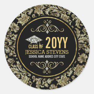 Black & Gold Damasks 2 With Glitter Graduation Hat Classic Round Sticker
