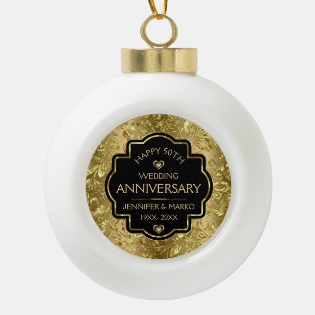 Black & Gold Damasks 50th Wedding Anniversary Ceramic Ball Christmas Ornament (Front)