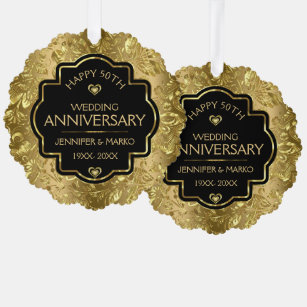 Black & Gold Damasks 50th Wedding Anniversary Tree Decoration Card