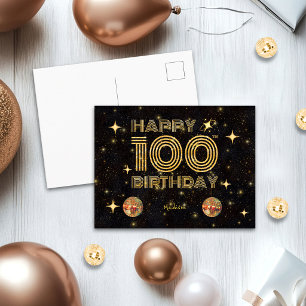 Black Gold Dancing Disco Ball 100th Happy Birthday Postcard