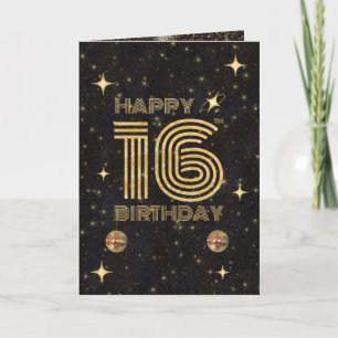 Black Gold Dancing Disco Ball 16th Happy Birthday Card
