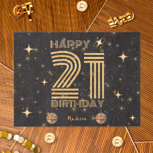 Black Gold Dancing Disco Ball 21st Happy Birthday Tissue Paper