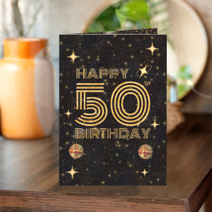 Black Gold Dancing Disco Ball 50th Happy Birthday Card