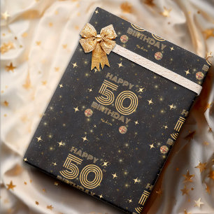 Black Gold Dancing Disco Ball 50th Happy Birthday Wrapping Paper
