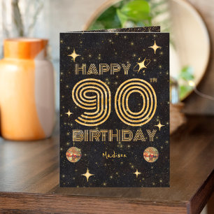 Black Gold Dancing Disco Ball 90th Happy Birthday Card